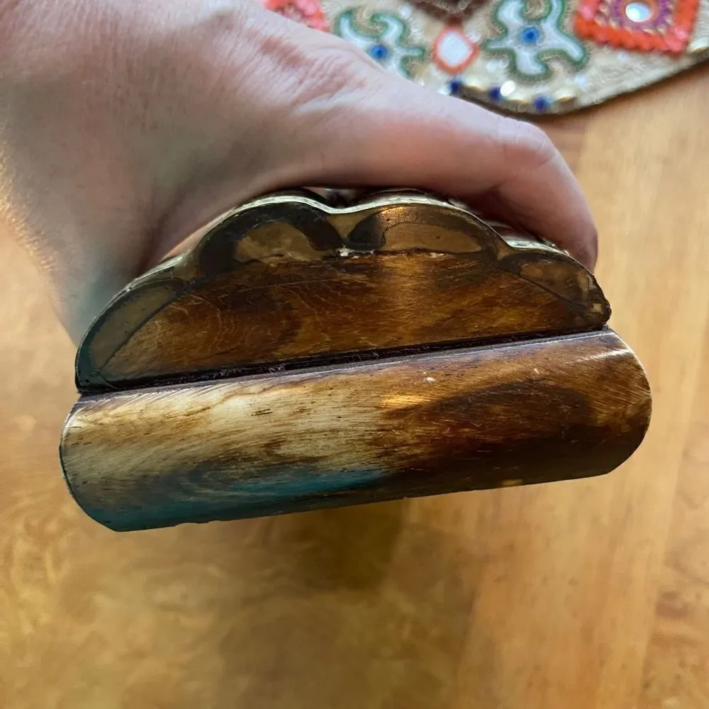Vintage Horn-Inlay Trinket Box with Brass Accents & Velvet Lining – 6.5”